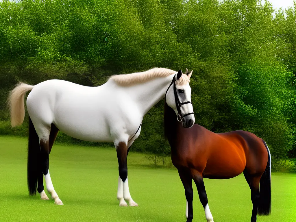 A beautiful American Saddlebred horse with a shiny coat and well-groomed mane standing in a field with green grass and trees.