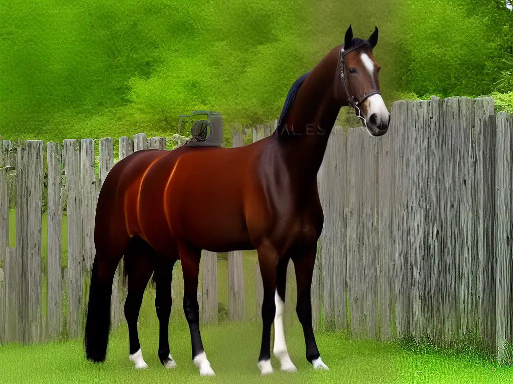 An elegant brown American Saddlebred horse with a shiny coat standing in a field with a fence in the background.