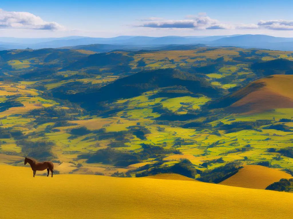 A majestic Auvergne Horse standing against a backdrop of the stunning Auvergne region landscape.