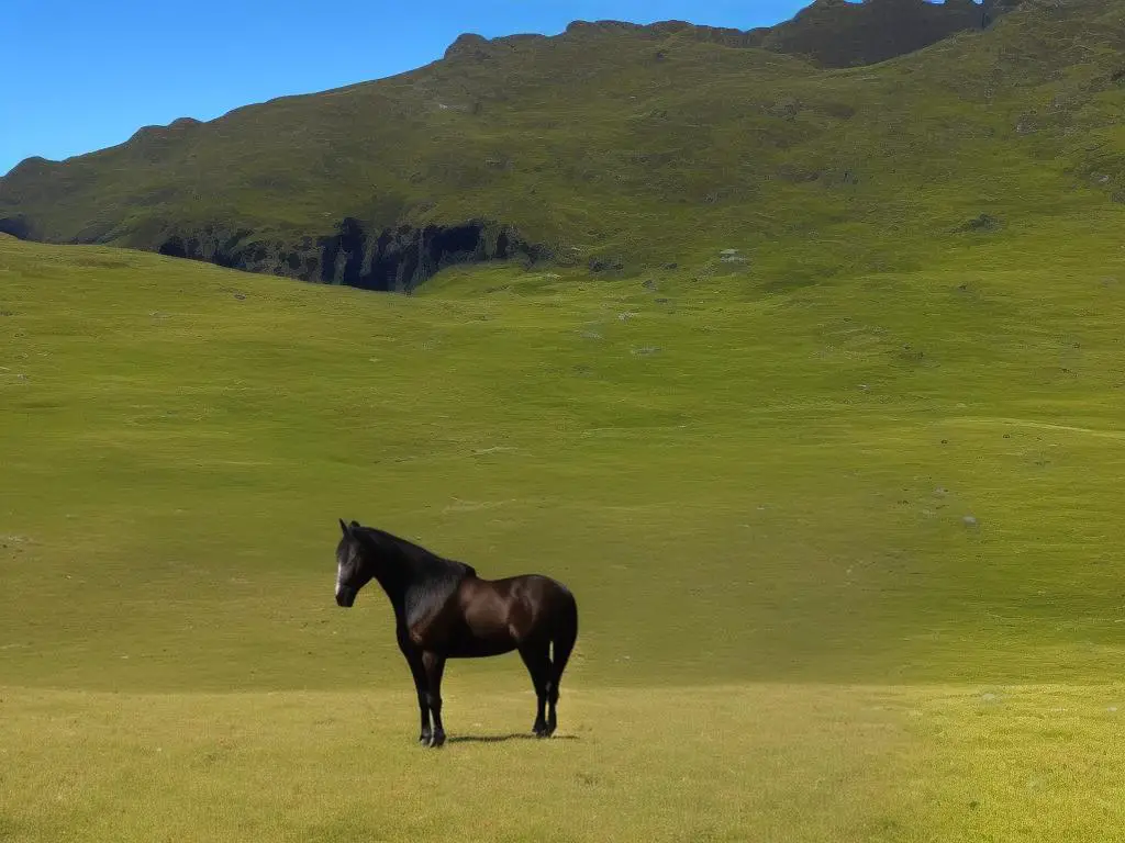 Image of a black Auvergne horse standing on a grass field with a mountainous backdrop
