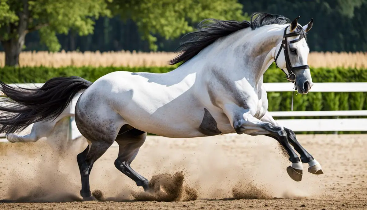 A powerful Bavarian Warmblood horse in action, demonstrating its athletic abilities.