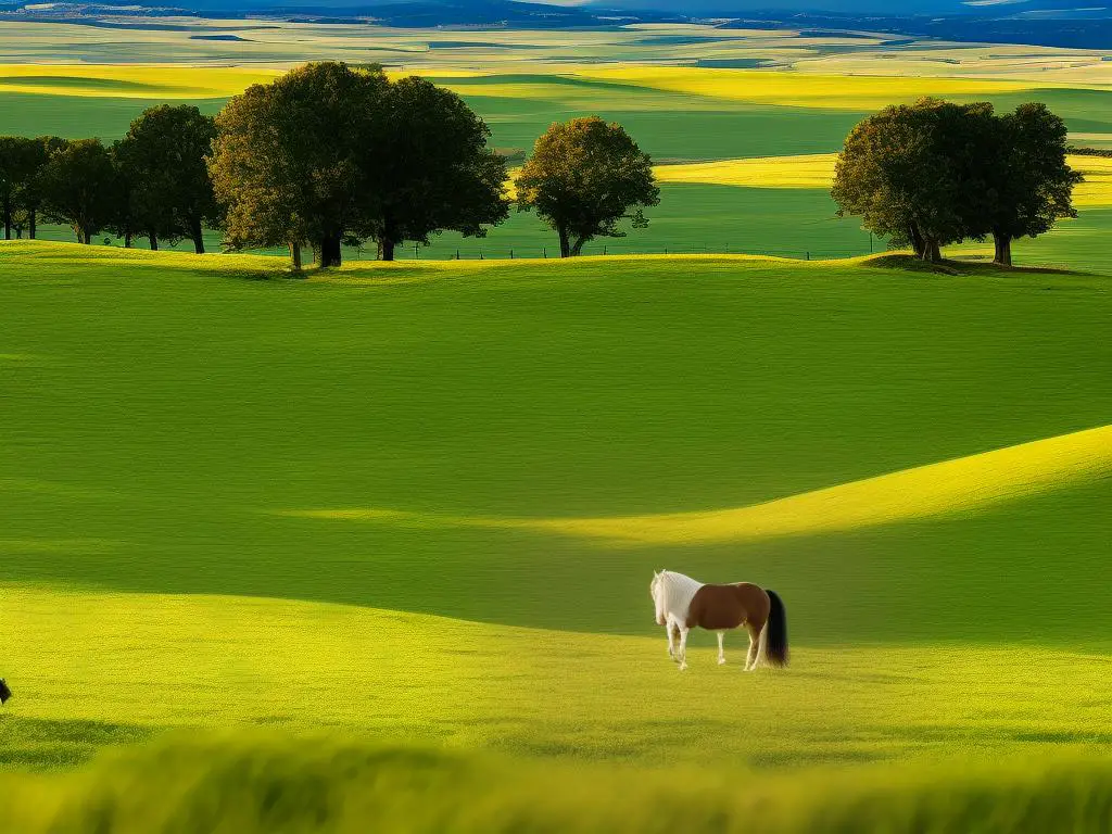 A majestic Breton Draft Horse standing in a field with rolling hills in the background.