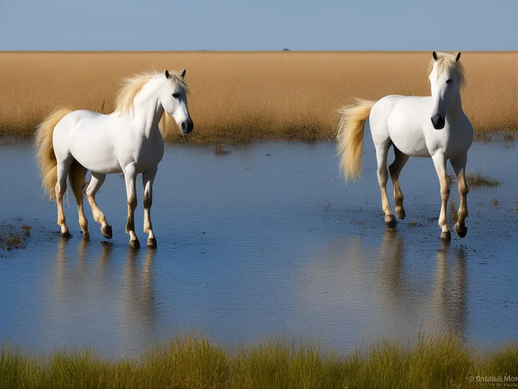 A beautiful Camargue horse standing in a marshland with its mane flowing in the wind.