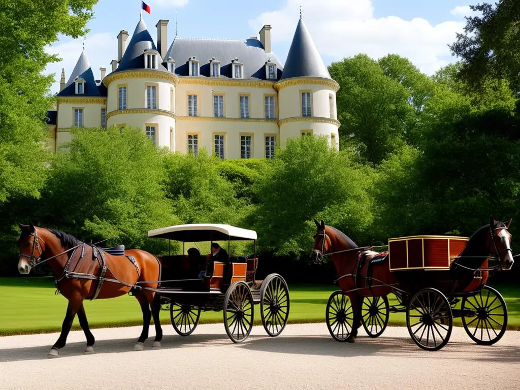 A photo of a horse-drawn carriage in front of a château, representing French carriage driving