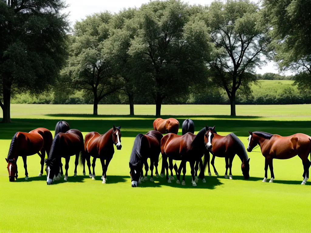 A group of horses grazing in a lush green pasture, representing the French philosophy on horse feed and exercise.