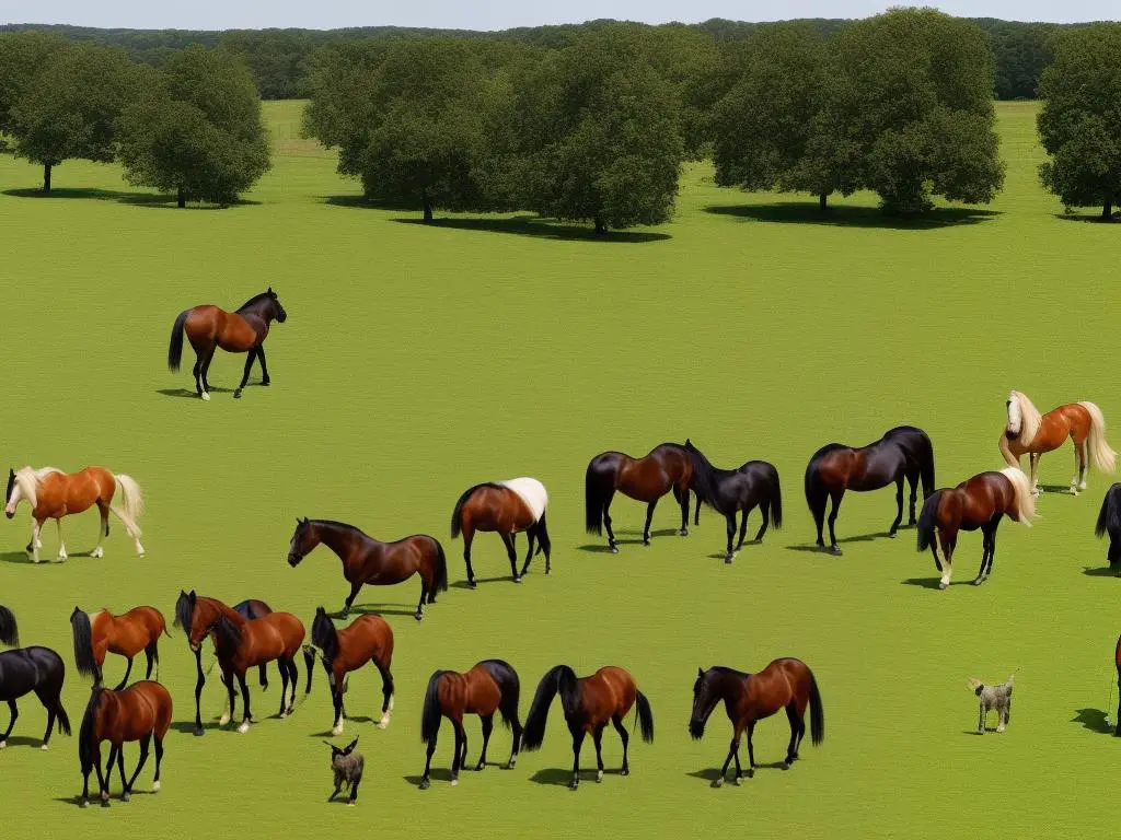 A beautiful image of various French horse breeds standing in a field, representing the diversity and history of French equestrian culture.