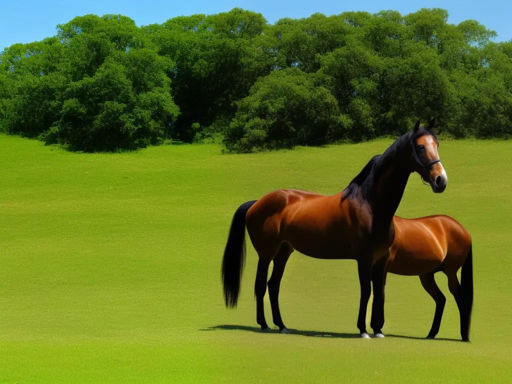 A beautiful horse standing in a green field with a blue sky in the background