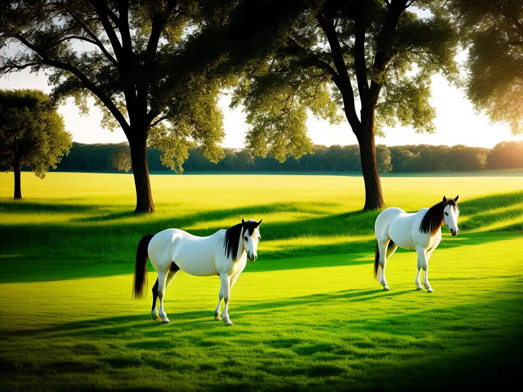 A picture depicting a beautiful French horse breed in a scenic pasture