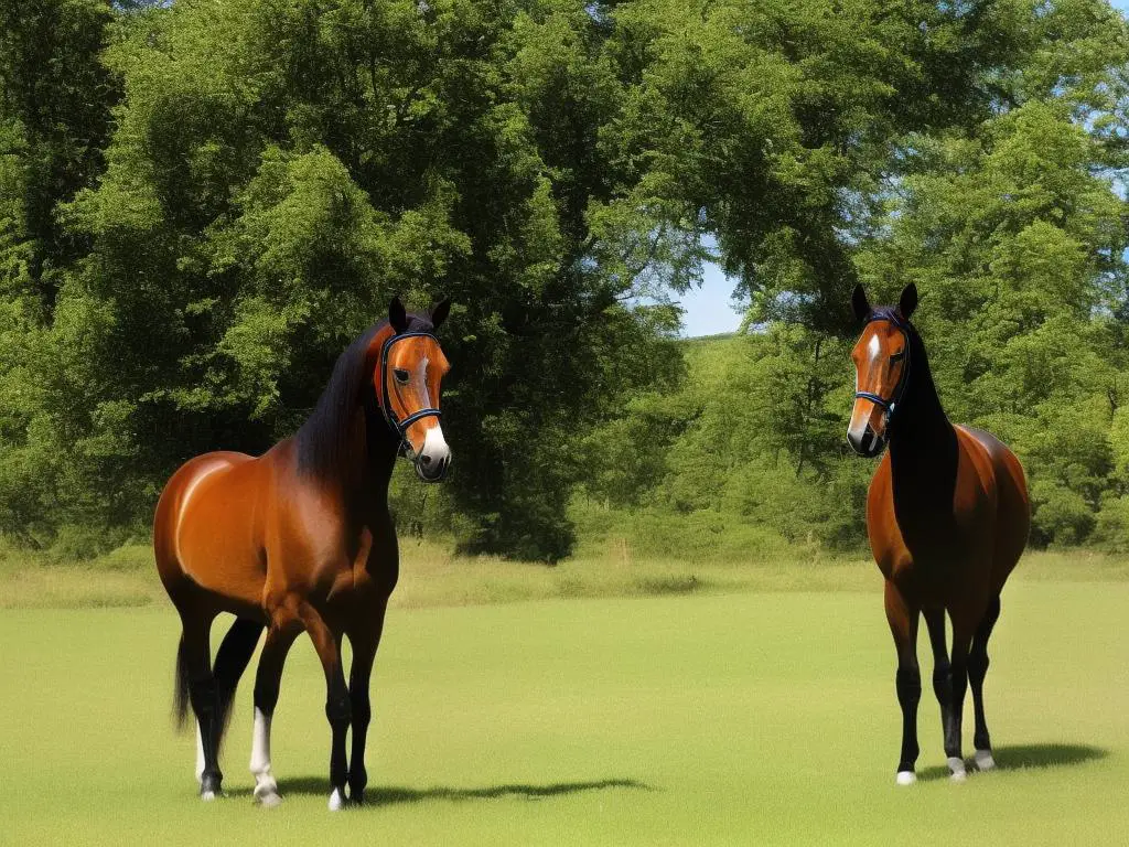 A German Warmblood horse standing in a green field with a blue sky backdrop, representing the German Warmblood Association.