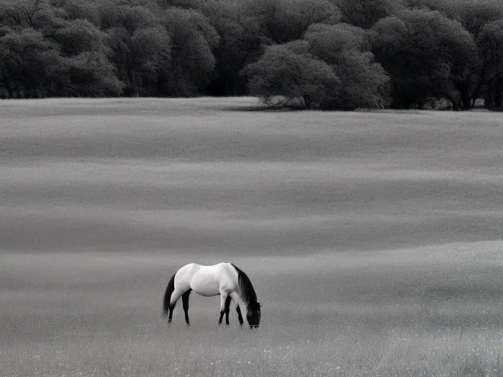 A black and white image of a horse grazing in a meadow