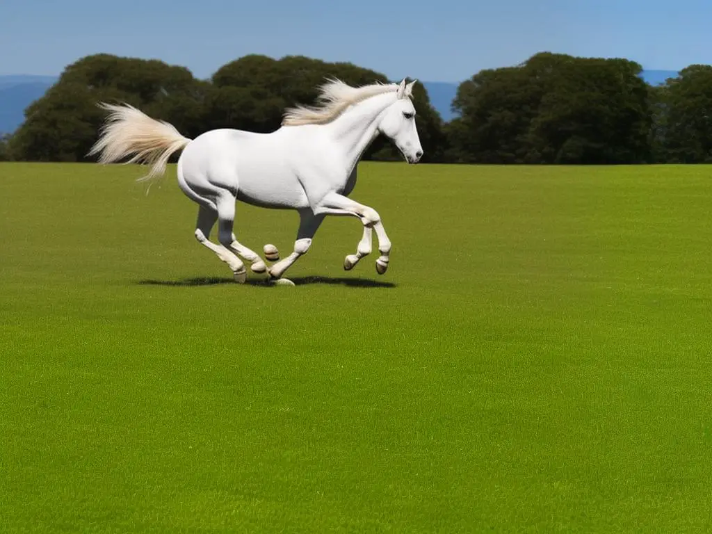 A horse with a streamlined build gallops through a grassy field, demonstrating the breed's power and agility