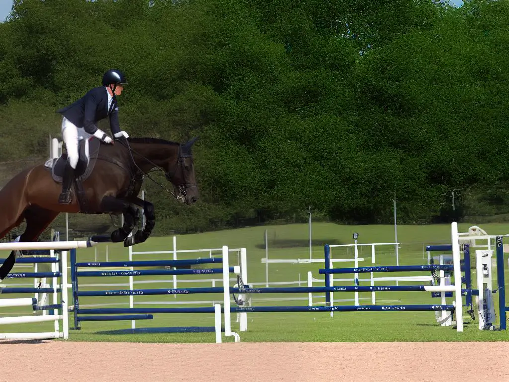 A German Warmblood horse in mid-air over a jump, demonstrating their exceptional jumping capacity