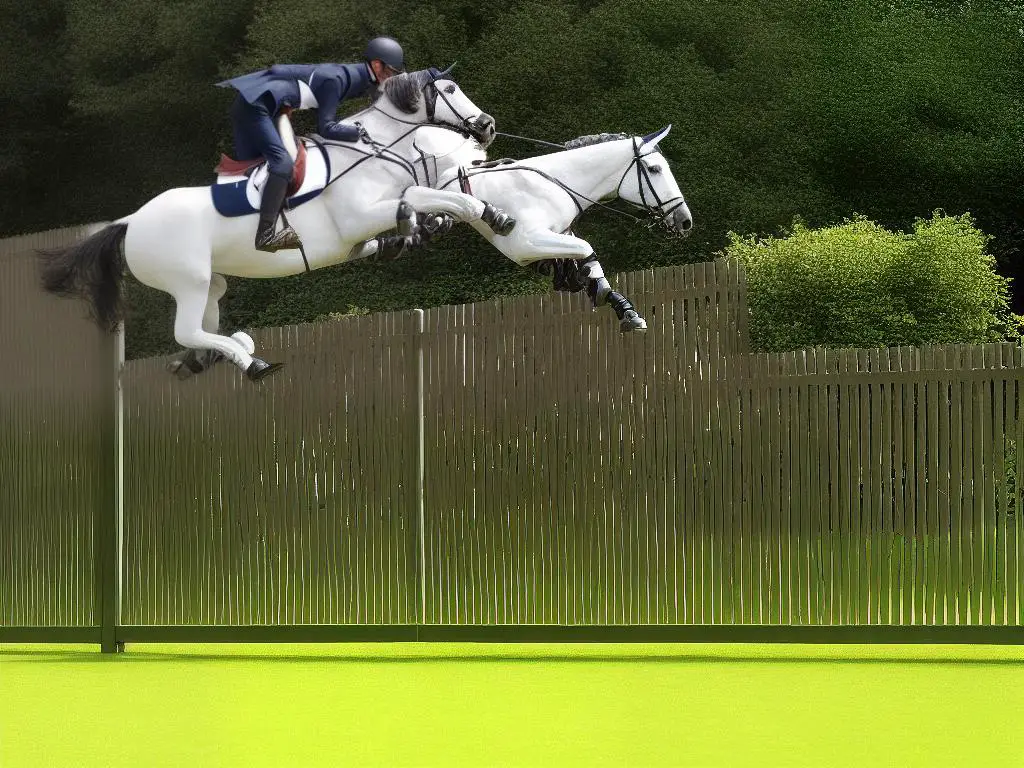 Photo of a German warmblood horse jumping over a fence