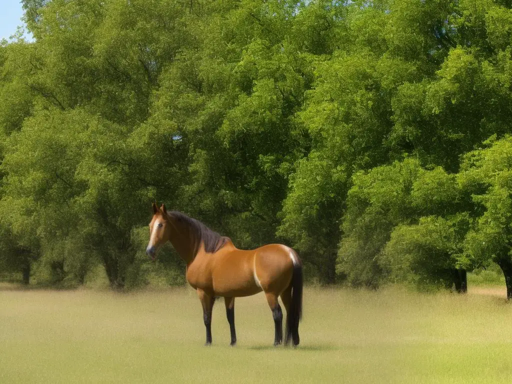 A brown horse with a blond tail and mane, standing in a field with trees in the background.