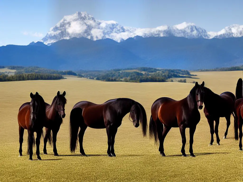 A group of German Warmblood horses standing in a field with a mountain range visible in the background