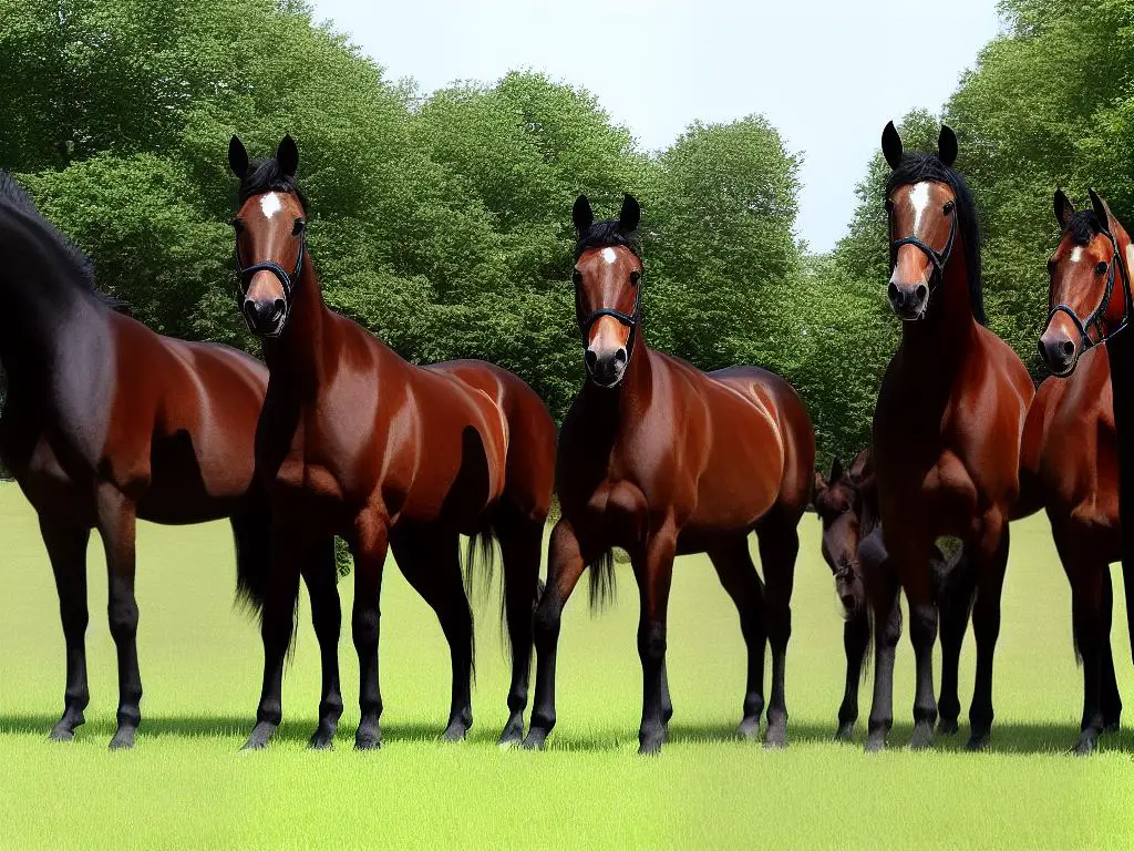 A beautiful image of a group of four horses, each representing a different breed in the German Warmblood Registry. From left to right: the Hanoverian, Holstainer, Westphalian, and Oldenburg breeds. They all look strong, healthy, and athletic.