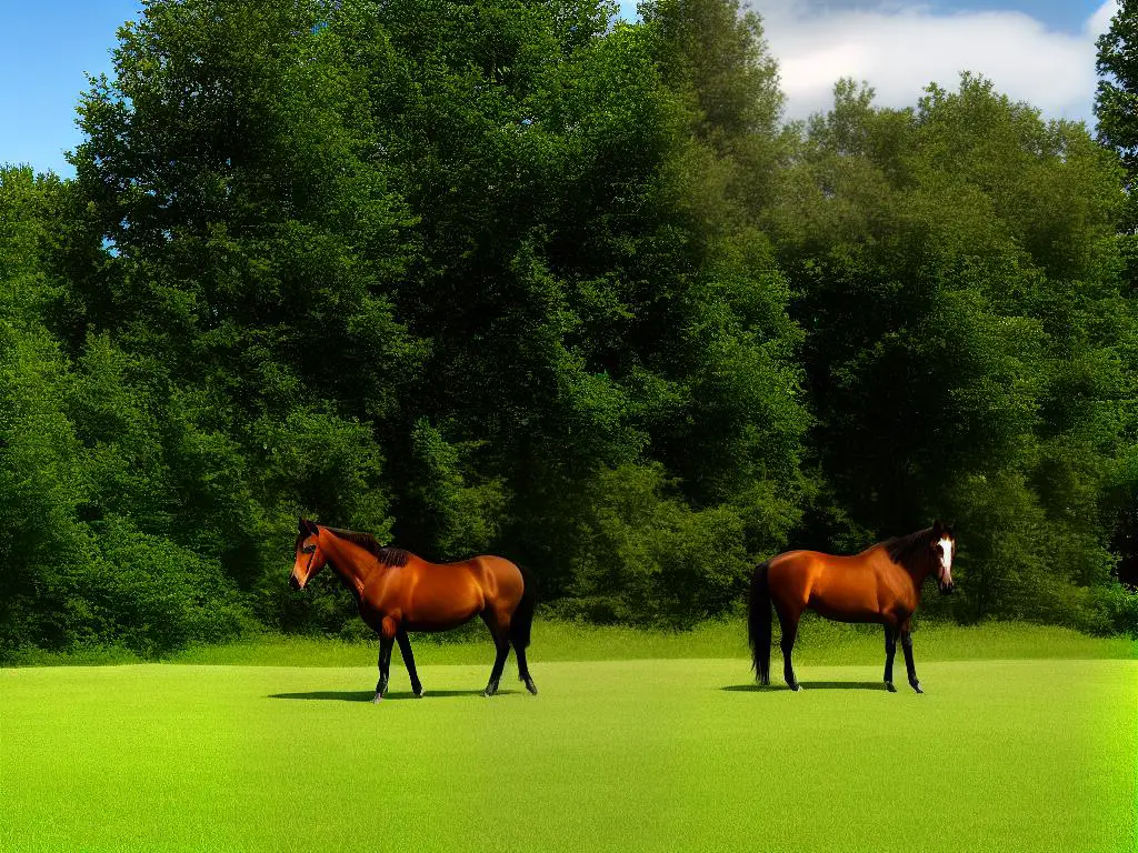 A brown horse is standing in a green field with trees in the background.