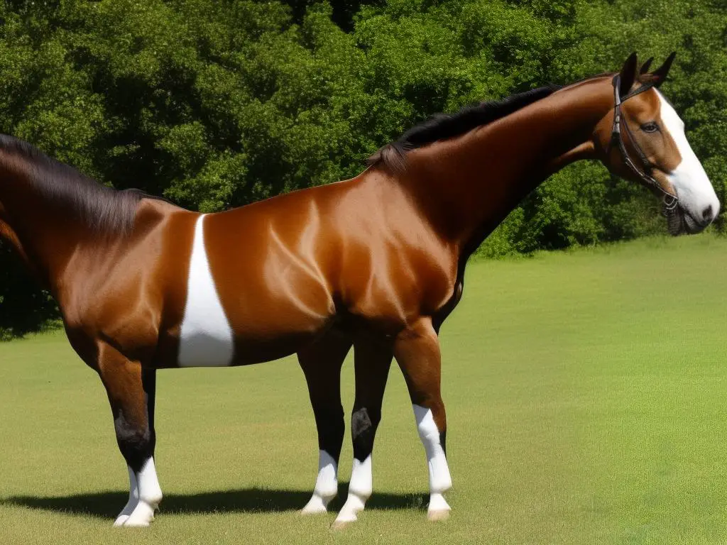 A beautiful brown and white German Warmblood horse with a muscular build and a shiny coat standing in a pasture