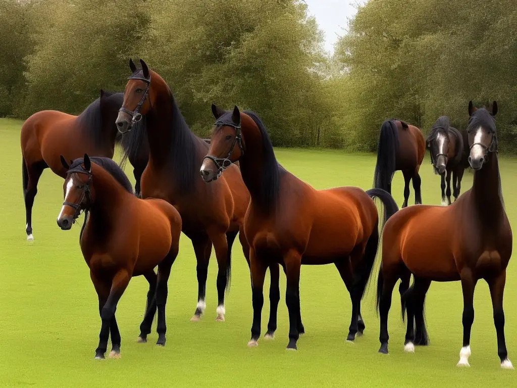 A group of three majestic German Warmblood horses standing together in a field