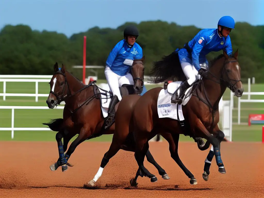 A powerful horse in a jumping stance with muscular legs, ready for competition