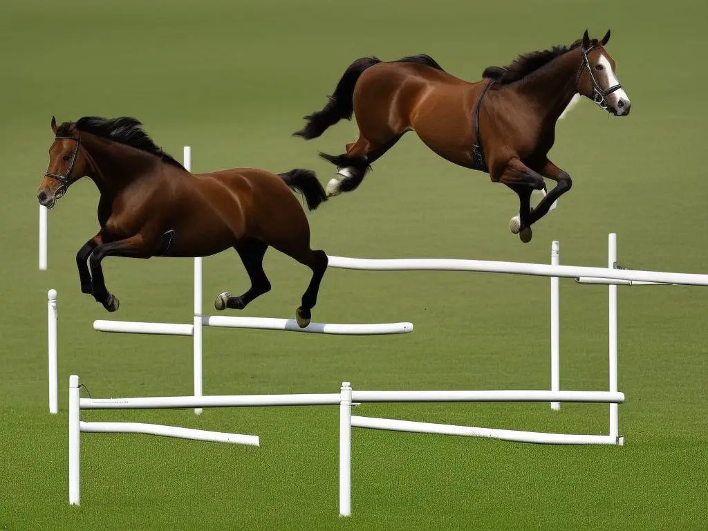 A brown horse with a white mane jumping over an obstacle in a field