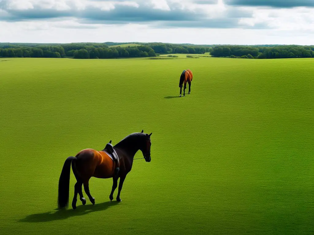 German Warmblood Horse trotting in a green pasture.