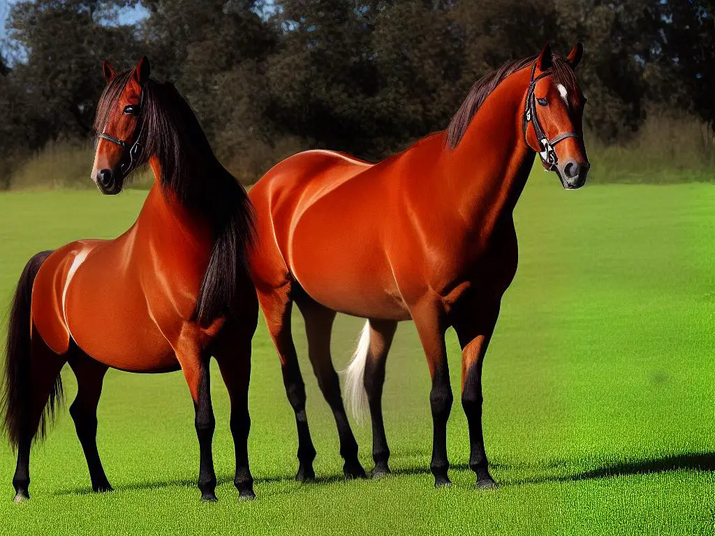A majestic image of a beautiful chestnut Hanoverian horse with a shining coat in a field
