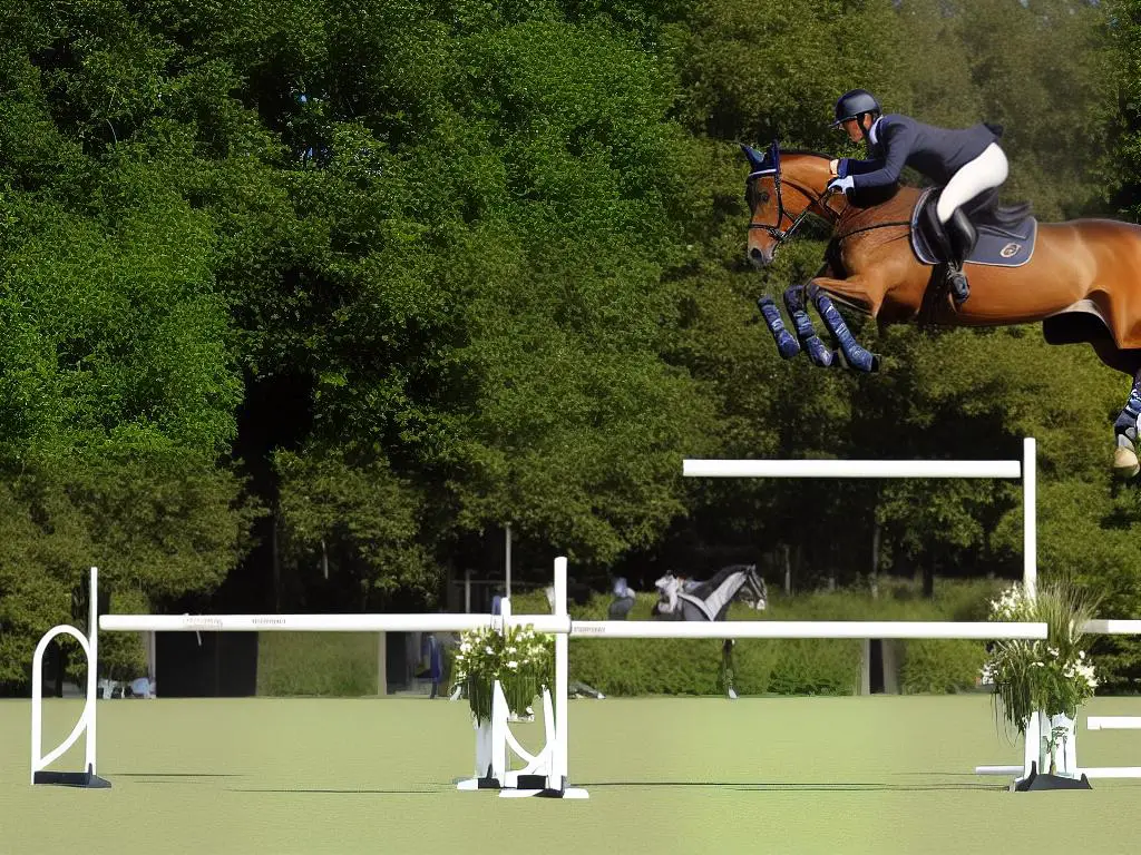 A majestic Holsteiner horse jumping over a hurdle in a showjumping competition.