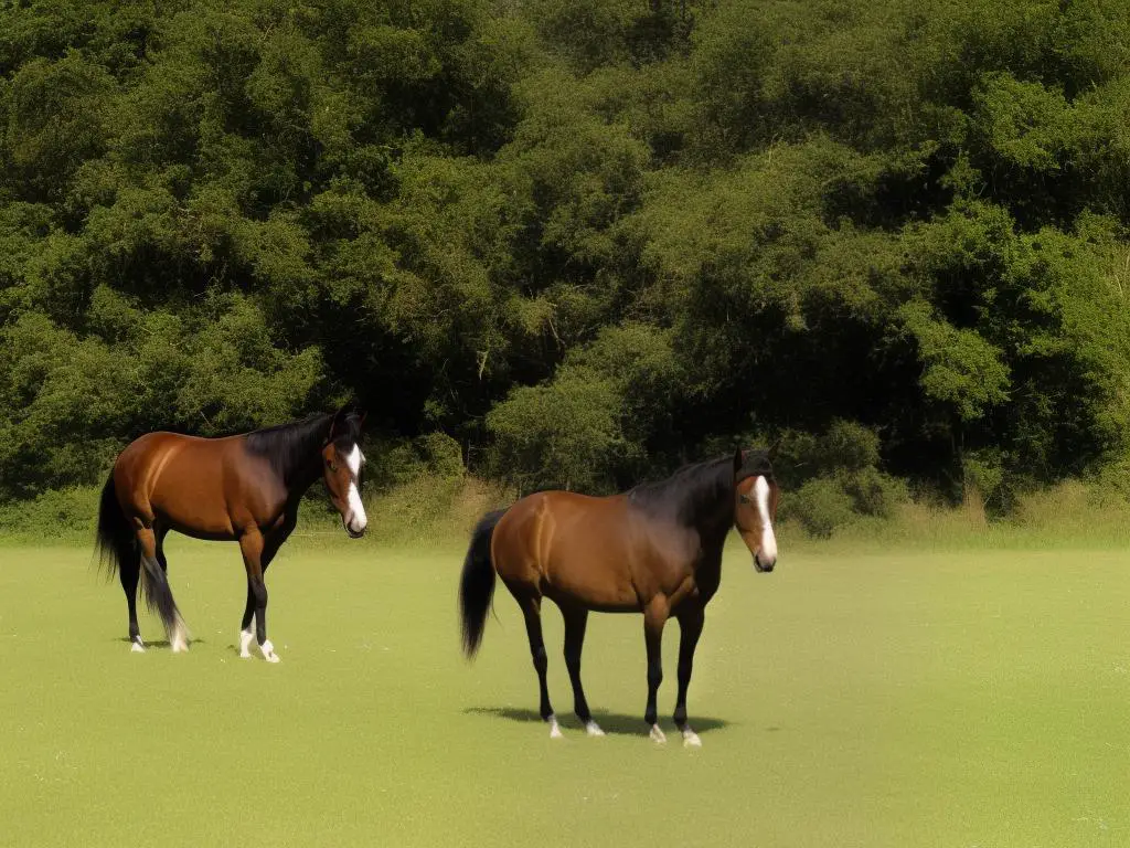 A brown Holsteiner horse with a white marking on its forehead standing in a field with greenery in the background