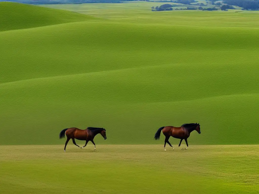 A photo of a Holsteiner horse trotting in a green field with a fence in the background