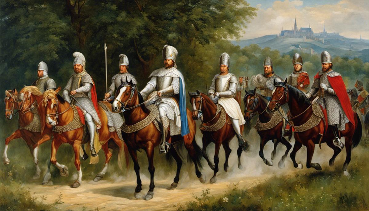 A painting depicting Hungarian nobility on horseback during the Middle Ages