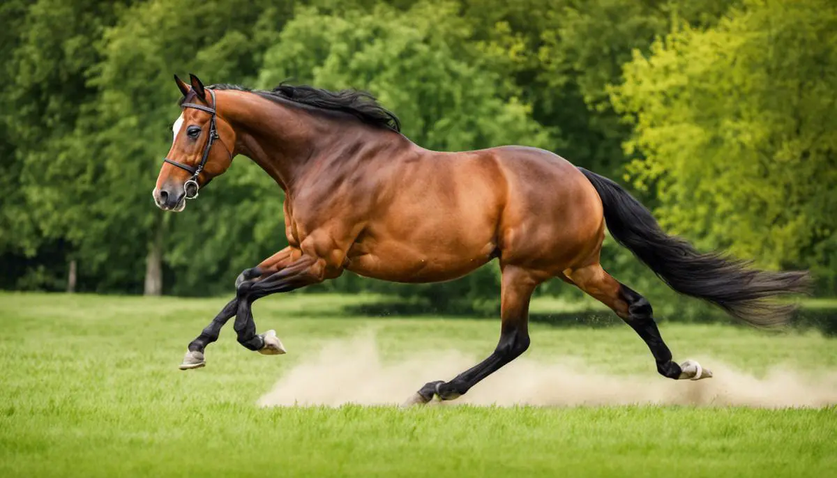 A majestic Hungarian Warmblood horse galloping gracefully across a green pasture