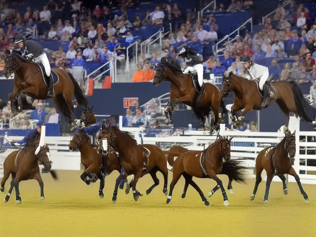 A group of Saddlebred horses demonstrating their unique athleticism, beauty, and versatility at the Kentucky State Fair World's Championship Horse Show.