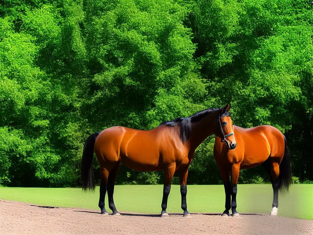 A picture of a brown Kentucky Saddler horse standing on green grass with rocks and trees in the background.