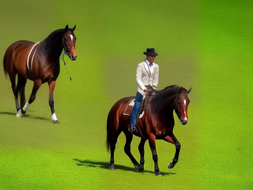 A beautiful brown Kentucky Saddler horse with a shiny coat and impressive high-stepping movement, standing elegantly in a lush green field.