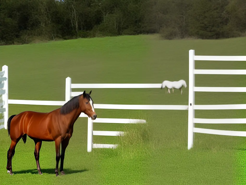 A tan and brown horse standing in a pasture with a white fence in the background.