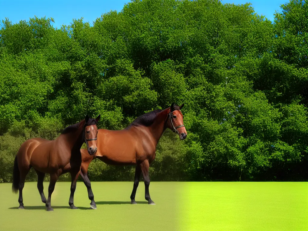 A brown horse with a high head carriage and impressive trots standing on a grass field under a clear blue sky.