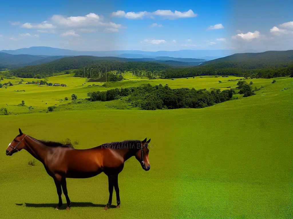 A brown horse standing in a field with a lush green landscape in the background.
