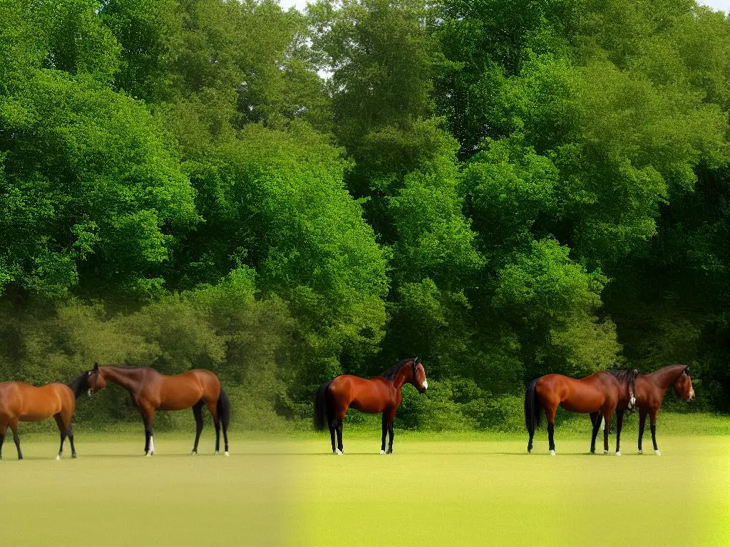 A picture of two Kentucky Saddler horses standing in a field with trees in the background.