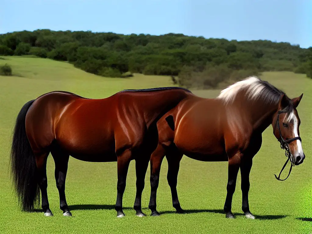 A photo of a large, muscular horse with a sleek brown coat and flowing mane standing on a grassy field