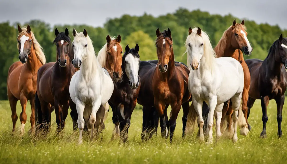 An image of various North German horse breeds standing together in a field.