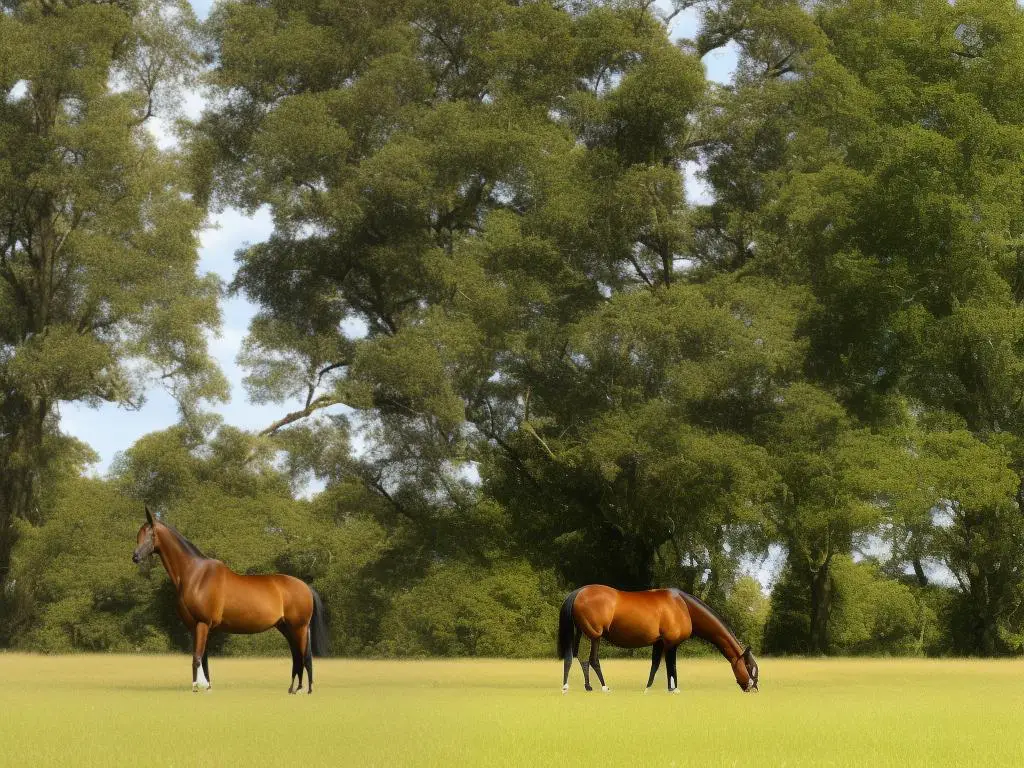 An image of a brown Oldenburg horse with a long and slender build, standing on a grassy field with trees in the background.