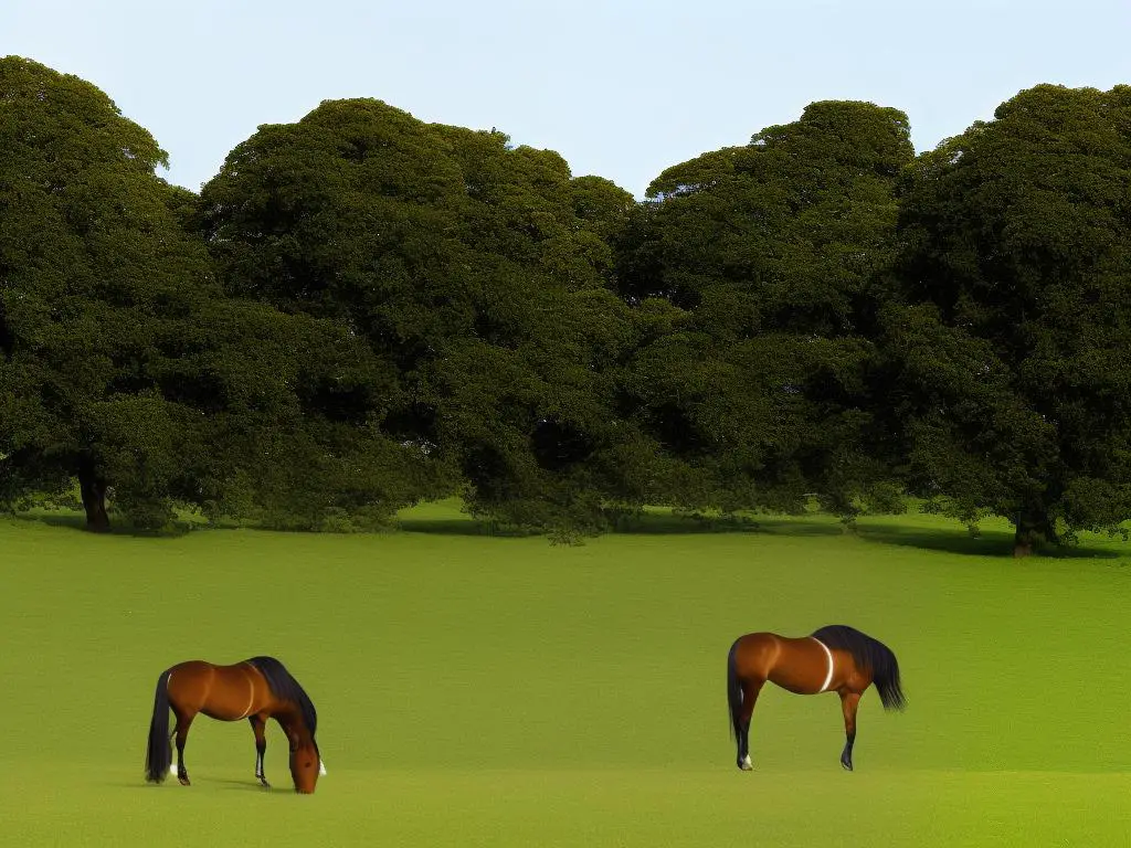 An image of a chestnut Oldenburg horse, standing on a green field, towards the camera with a white fence in the background.