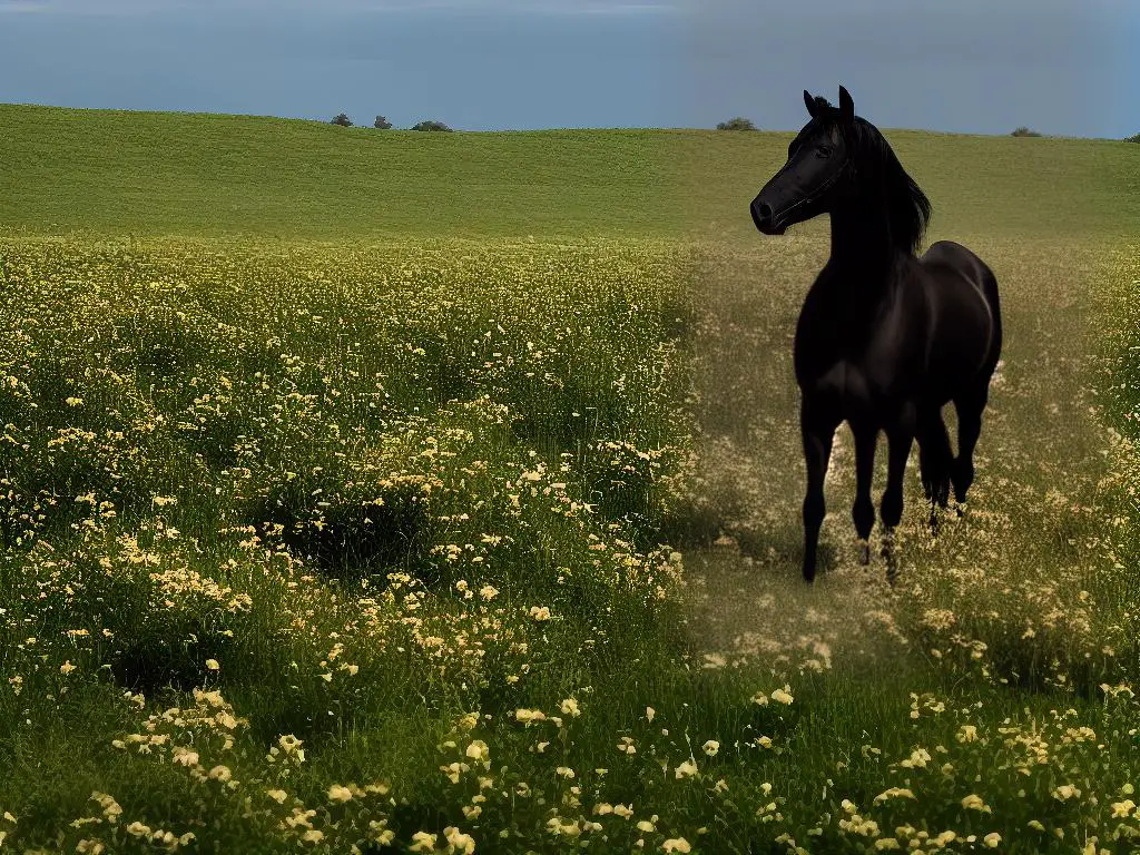 A majestic black Percheron horse standing in a field