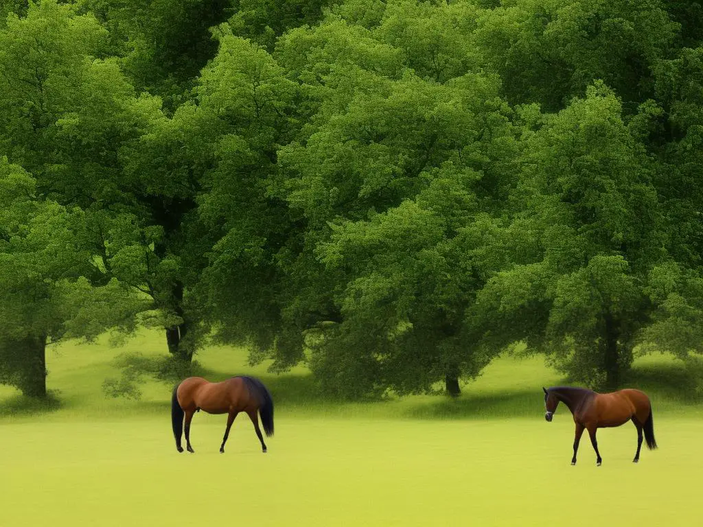 A Rheinlander horse in a green meadow with trees in the background