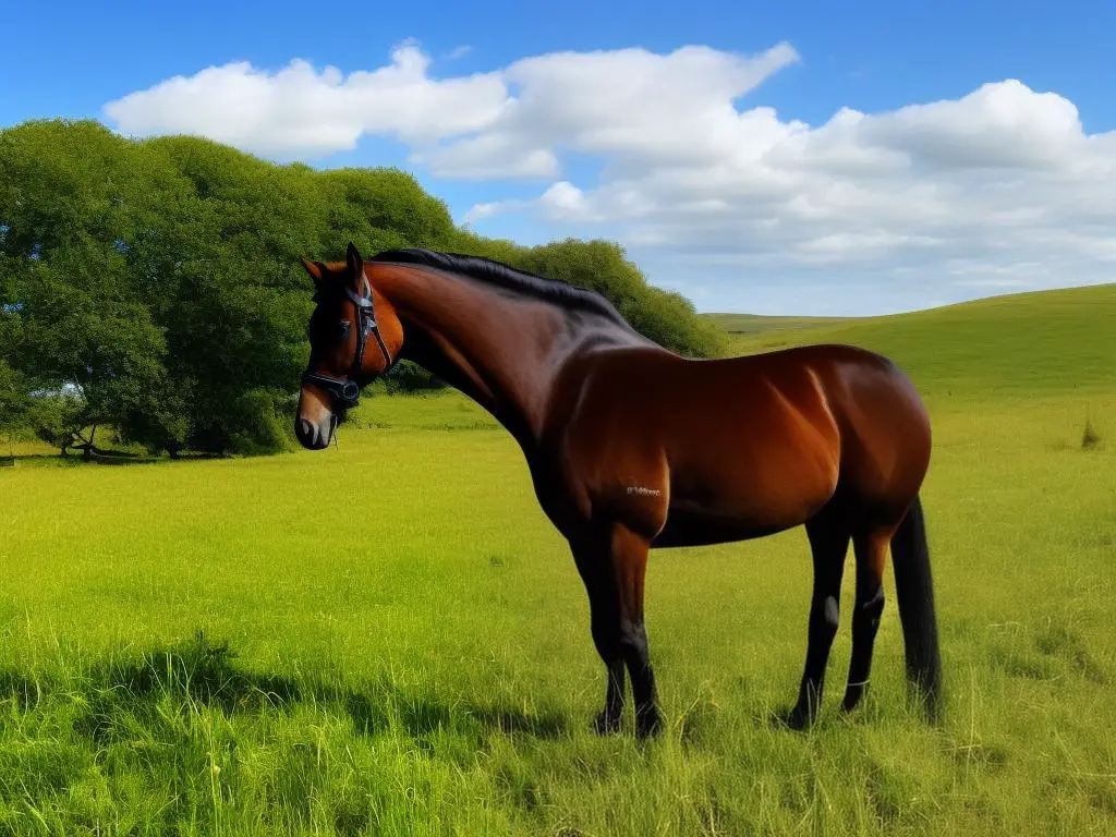 A beautiful Saddlebred horse standing in a field of green grass, grazing on hay.