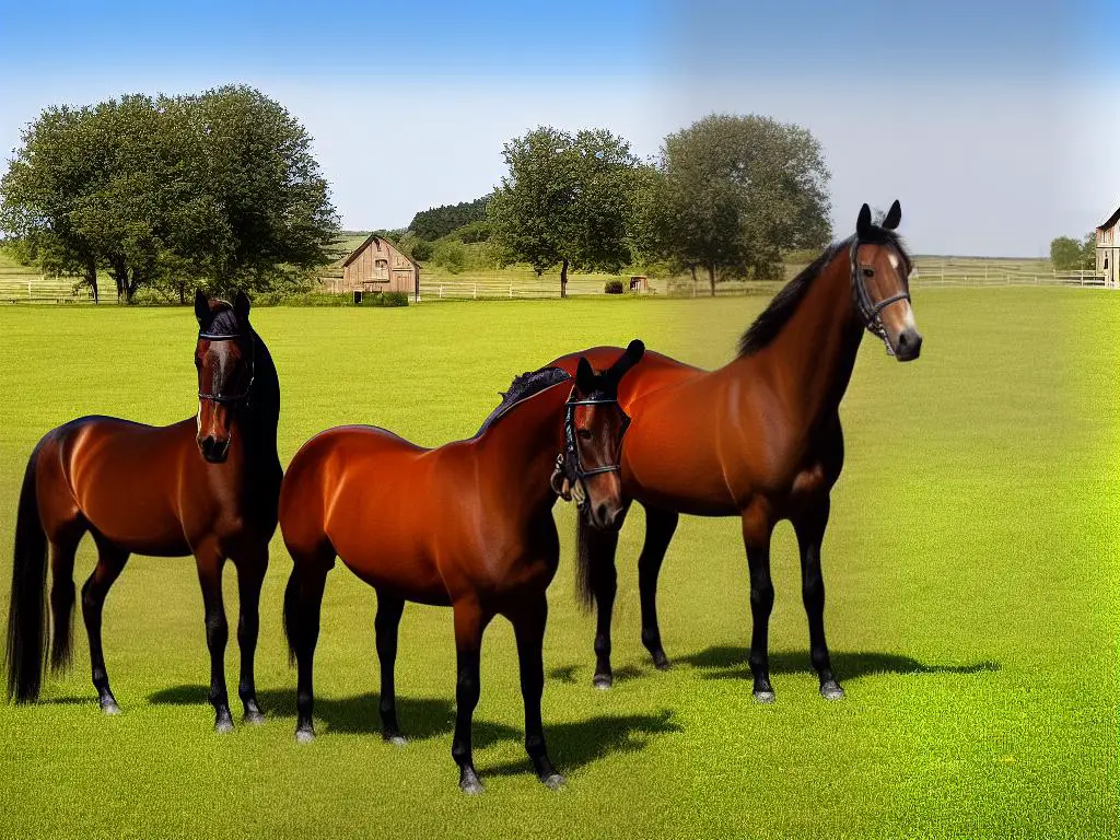 A picture of two Saddlebred horses, one mare and one stallion, standing next to each other in a field with a barn in the background. The mare has a brown coat, while the stallion has a black coat.