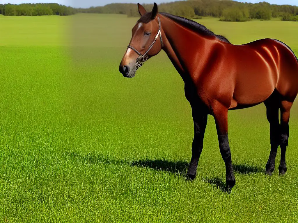 A picture of a brown Saddlebred horse with a long wavy mane and tail, standing in a field with green grass and trees in the background.