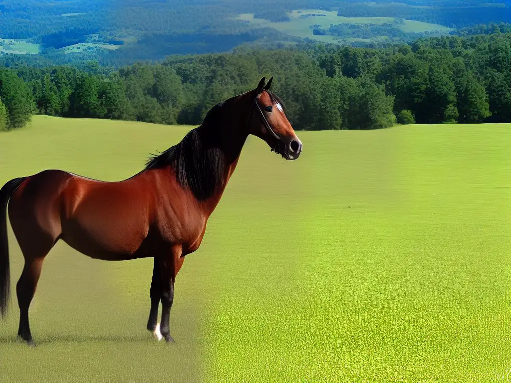 A picture of a brown horse standing in a field. Its mane and tail are long, and it is well-muscled with a proud posture.