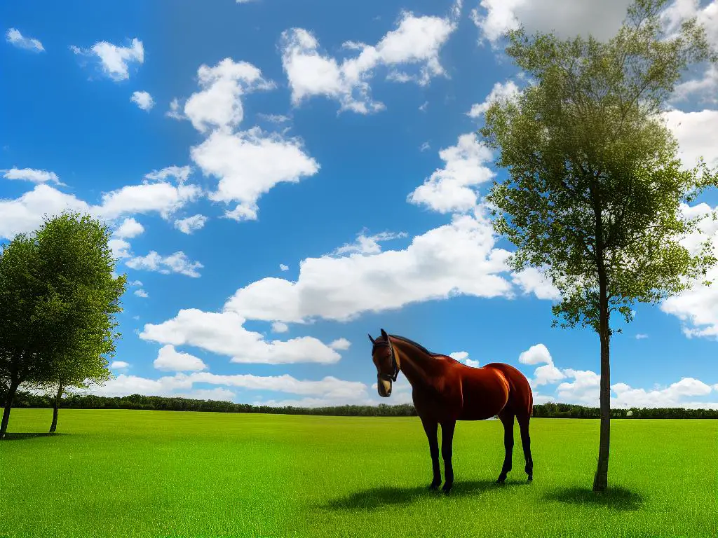 A photo of a rescued Saddlebred horse standing in a pasture with a blue sky and white clouds in the background. This horse has an elegant posture and a shiny coat, showcasing its beauty and resilience.